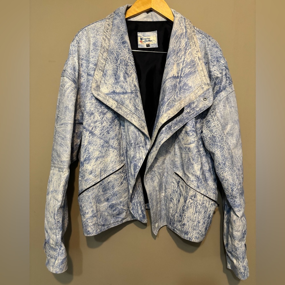 GENUINE LEATHER Vintage 80’s Acid Wash Denim Blue Moto Bomber Jacket Mexico Made - Picture 2 of 12